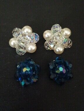 Vintage Aurora Borealis Crystal Cluster Clip On Earrings Lot Of 2 Pairs